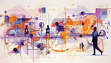 Abstract art of interconnected business professionals with vibrant network lines and communication symbols, representing networking and collaboration.