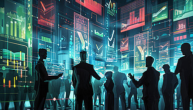 Group of business professionals analyzing futuristic financial data on large digital screens with holographic projections, stock market trends