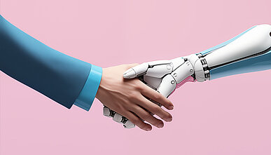 Human hand and robot hand engaging in a handshake against a pink background, symbolizing human-AI collaboration and partnership